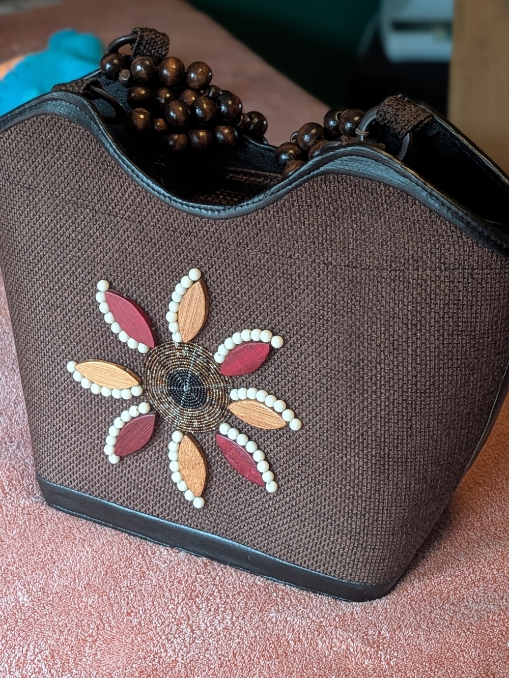 Brown Beaded Floral Hobo Bag with Wood-Accent Handles